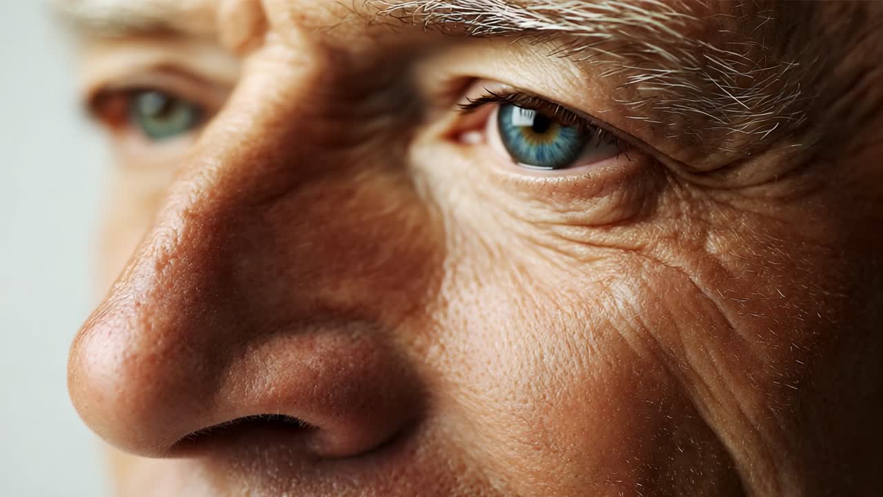 A close-up exploration of an elderly man's face, revealing the fine details of his skin, wrinkles, and the transition from a moment of reflection to the clarity of open-eyed contemplation, highlighting age and experience