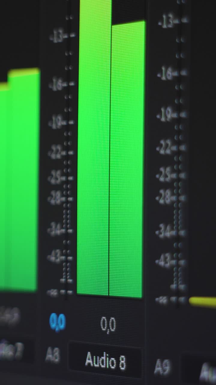 Audio monitoring. Multiple audio meters on screen. Close up