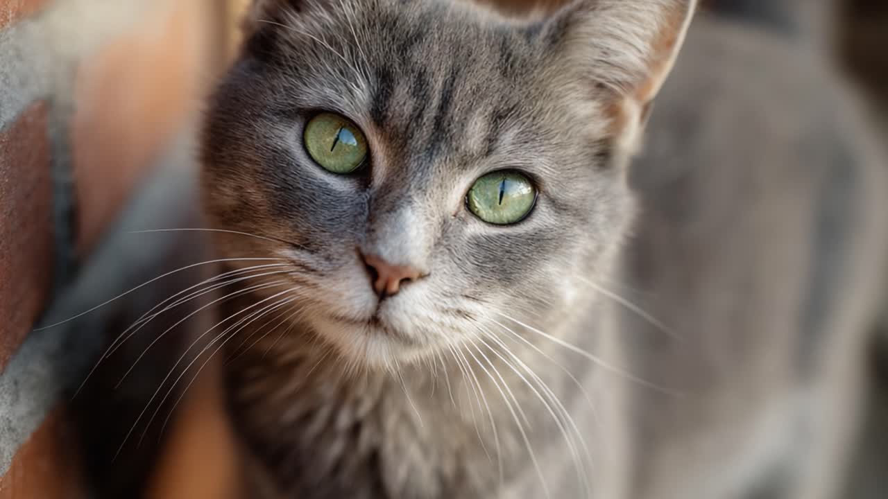Un affascinante gatto grigio con occhi verdi penetranti osserva l'ambiente circostante vicino a un muro di mattoni in un momento da cartolina