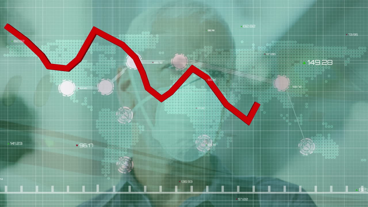 animación de estadísticas y procesamiento de datos con una línea roja sobre un hombre con una máscara facial