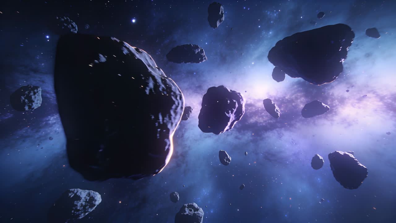 Video verticale: Telecamera che entra in un campo di asteroidi, rivelando un masso illuminato sul bordo e una nebulosa viola.