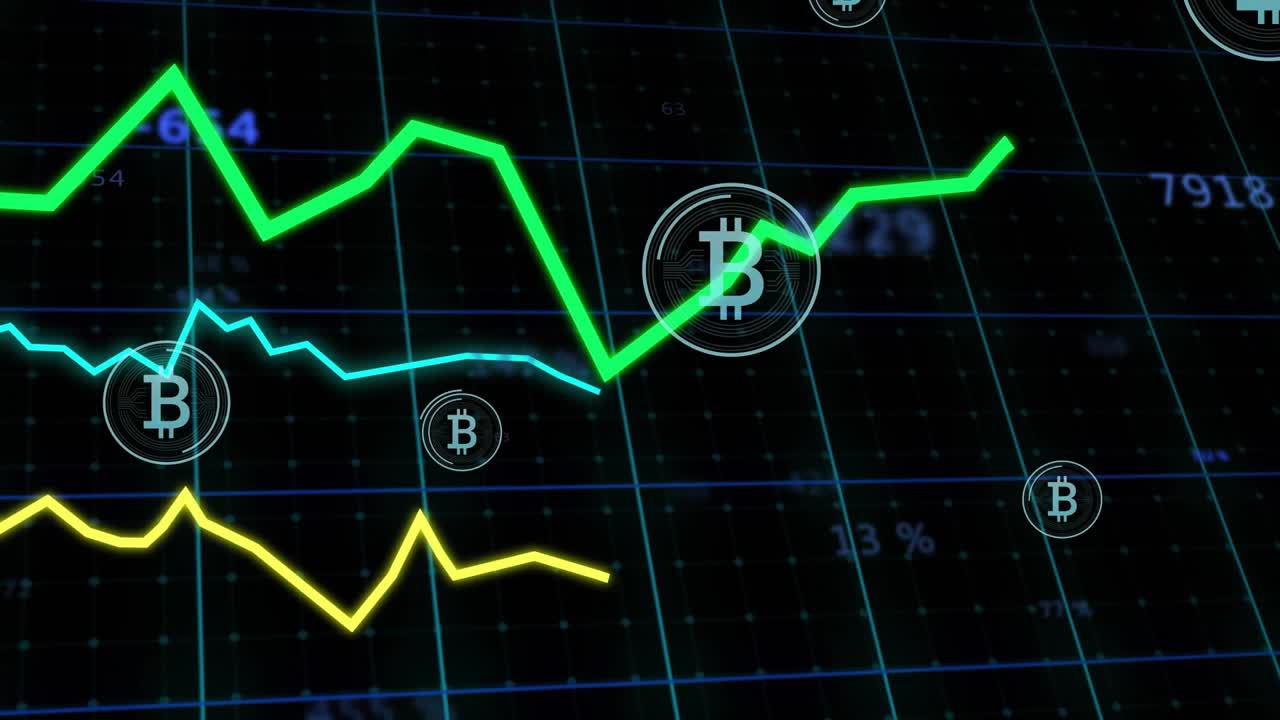 Opening on neon grid charts tracing changes and Bitcoin icons floating visualizing volatility