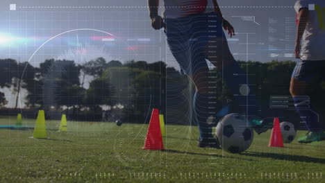 soccer players training with ball over data analysis animation on field