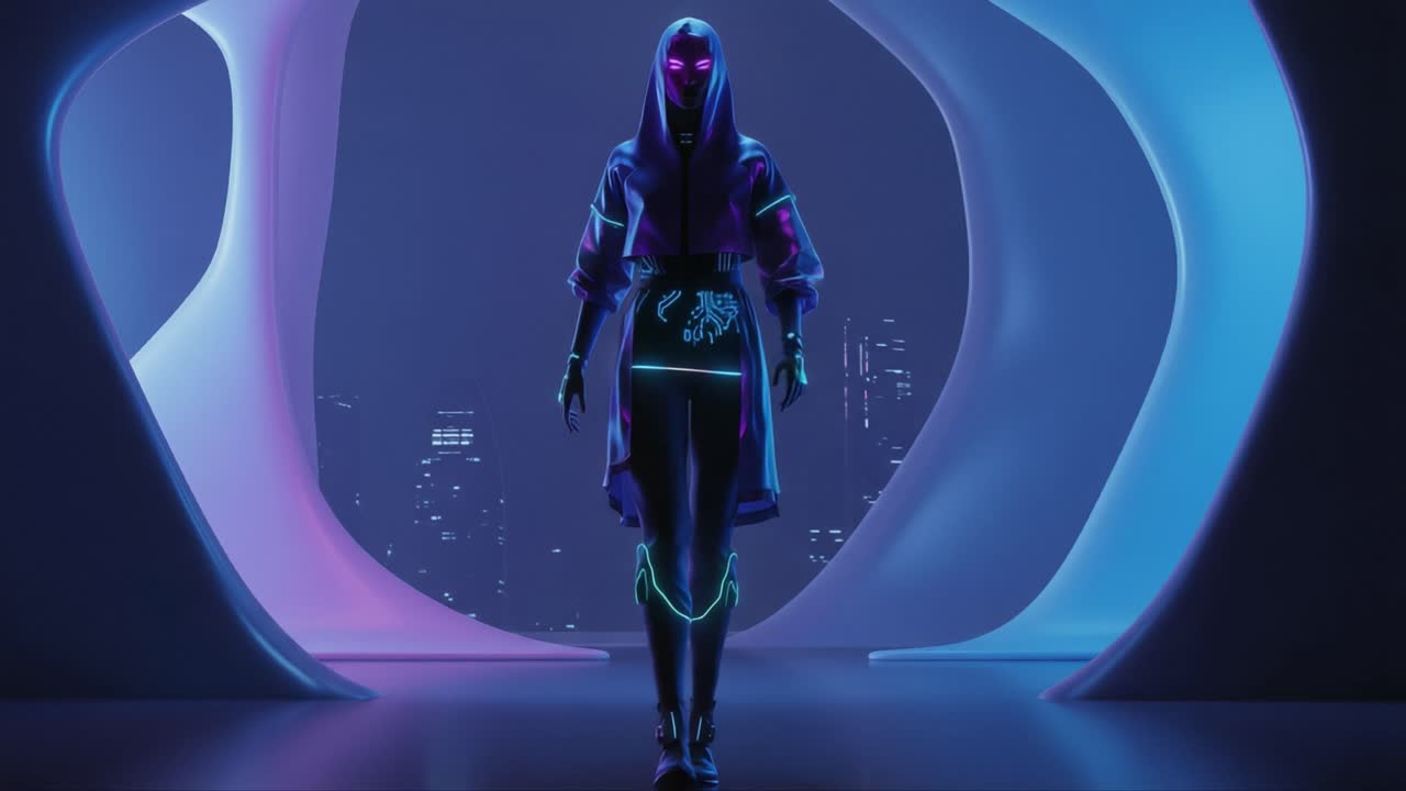 A Futuristic Cybernetic Figure Strides Confidently Through an Abstract Portal, Adorned with Neon Accents and Futuristic Attire in a Dazzling Cityscape Background