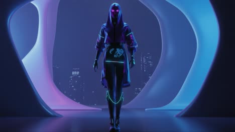a futuristic cybernetic figure strides confidently through an abstract portal, adorned with neon accents and futuristic attire in a dazzling cityscape background