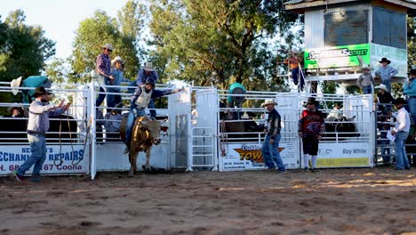 rider thrown, escapes charging bull in arena