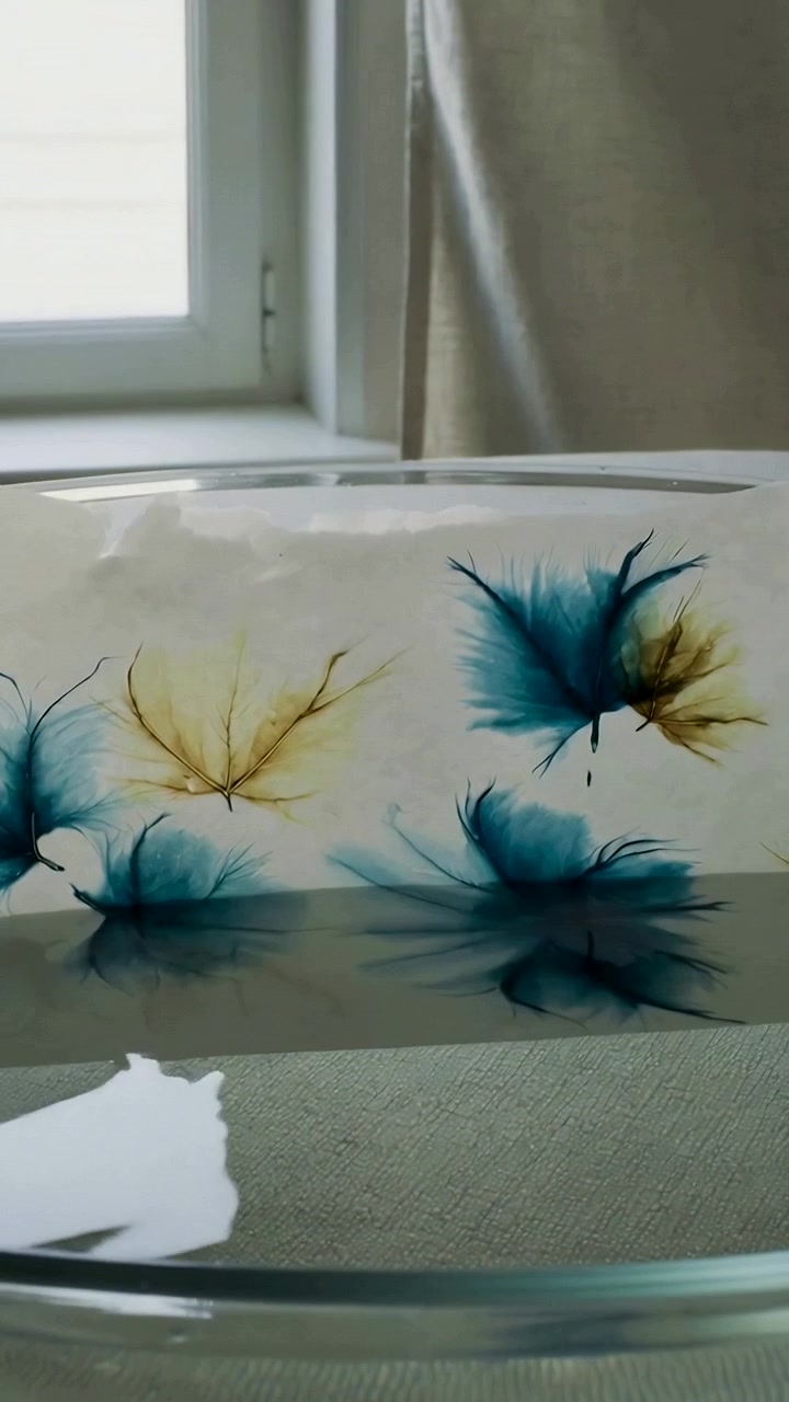 Video verticale: Immergendo un foglio dipinto strappato con motivi blu e gialli in una ciotola di vetro che riflette i motivi.