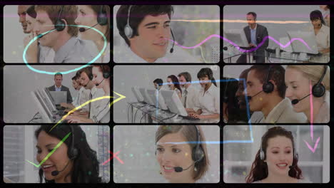 animación de iconos y números sobre fotos de personas de negocios usando auriculares de teléfono