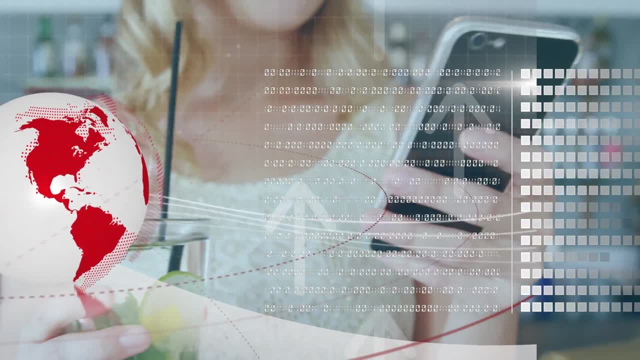 animación del globo y procesamiento de datos sobre la mujer usando teléfono inteligente