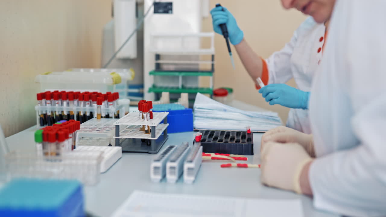Medical specialists in sterile gloves are working with blood samples on a table in clinic. Senior female nurse teaching young worker to make experiments with blood in the laboratory.