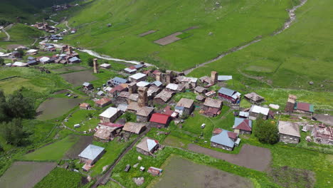 the village of ushguli in georgia - aerial shot