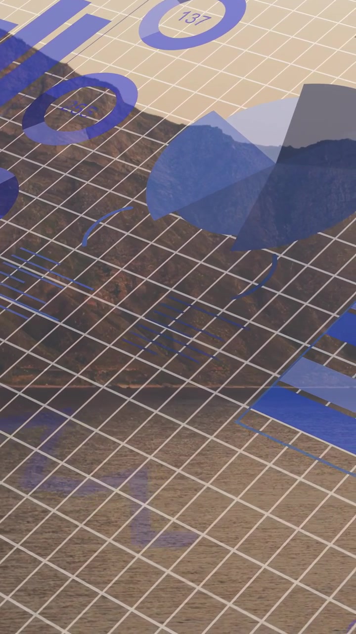 Video verticale: Sovrapposizione AR con griglia che appare, elementi che si muovono e ruotano, visualizzando dati.