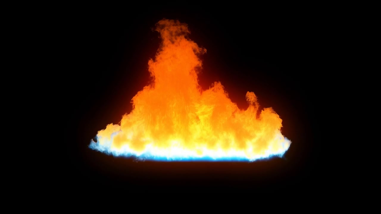 Isolated fire burst expands near ground and rises into tall orange crown against pure black background, with electric blue flame spreading low, glowing sparks, heat, smoke, and strong contrast