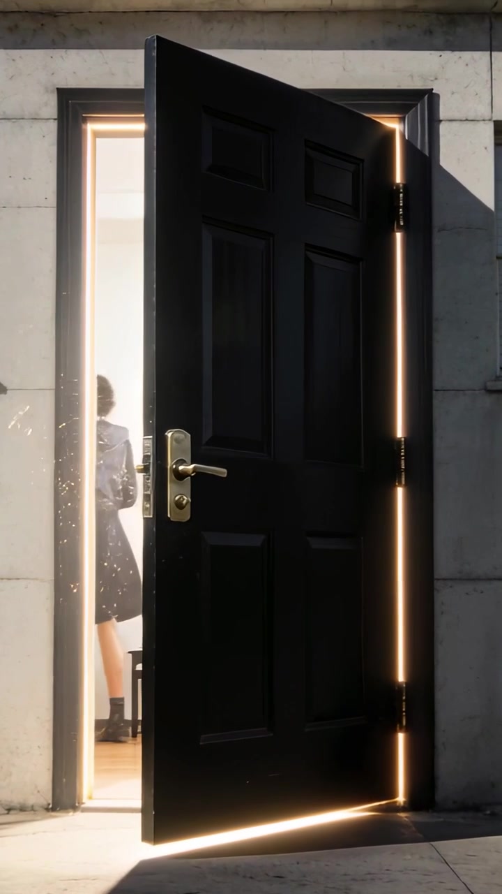 Vertical video: Opening black door, person exiting into sun, sparks spraying, wearing dark coat