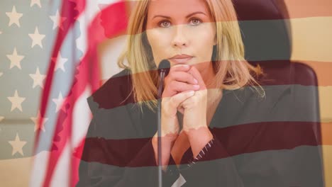 Animation-of-female-judge-during-trial-over-american-flag