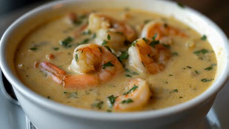 shrimp soup in a white bowl