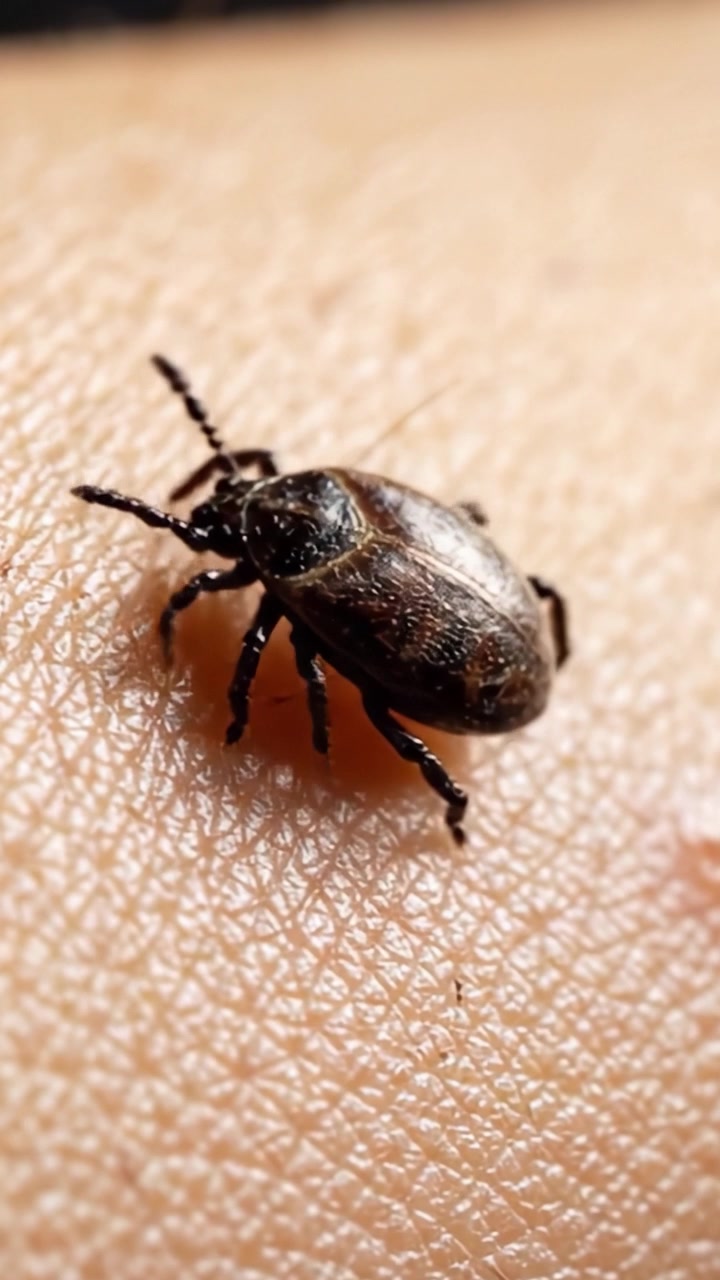 Primer plano de una garrapata arrastrándose sobre la superficie de la piel, destacando la intrincada textura de la superficie y el detalle del cuerpo y las patas de la garrapata