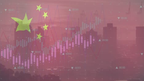 animation of flag of china and data processing over cityscape