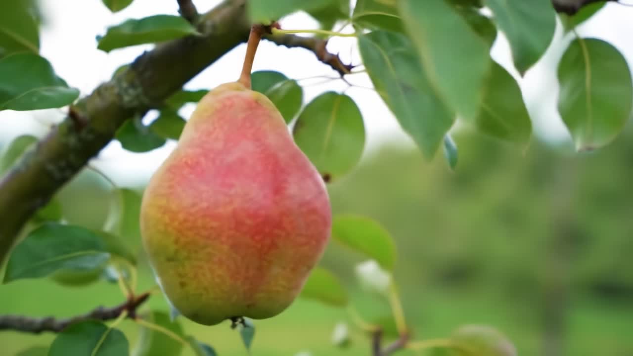 Ripening Pear Hanging on a Tree Branch Surrounded by Lush Green Leaves, Showcasing its Vibrant Colors and Natural Beauty in an Agricultural Landscape