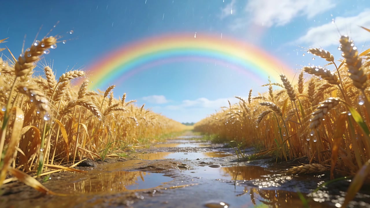 Falling raindrops creating ripples on muddy track at field, reflecting rainbow in puddles