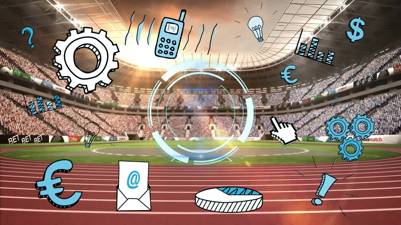 Digital icons and technology animation over stadium with track and field