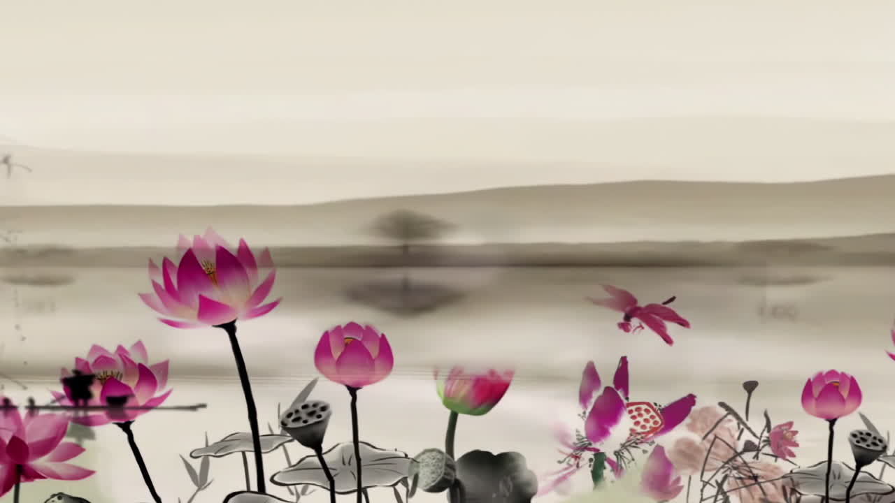 낮에는 고대 중국 전통 일본 풍경 그림 잉크 로터스 대나무 스타일 재료 아름다운 평온한 나무, 산, 꽃, 호수, 물, 새, 파란 하늘, 배, 체리 꽃