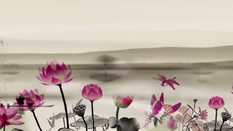 Daytime-ancient-traditional-Chinese-Japanese-landscape-Painting-Ink-lotus-bamboo-style-material-of-beautiful-calm-trees,-mountains,-flowers,-lake,-water,-birds,-blue-sky,-boat,-cherry-blossoms