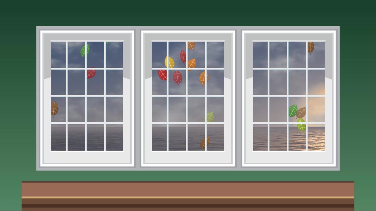 Stylized animation of colorful fall leaves drifting past a window during a golden sunset.