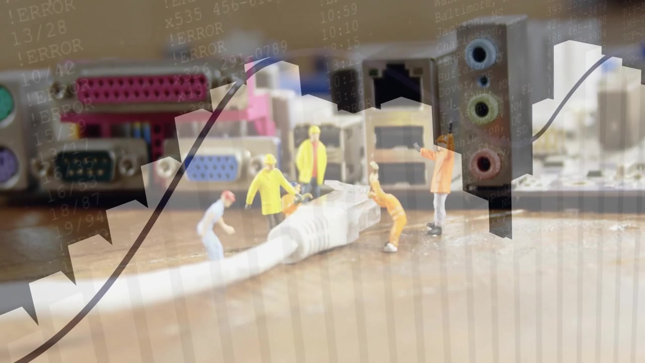 Emerging 3D technician figurines guiding data cable into motherboard port, animating rising graphs