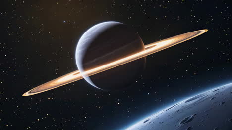 a ringed planet and moon in deep space