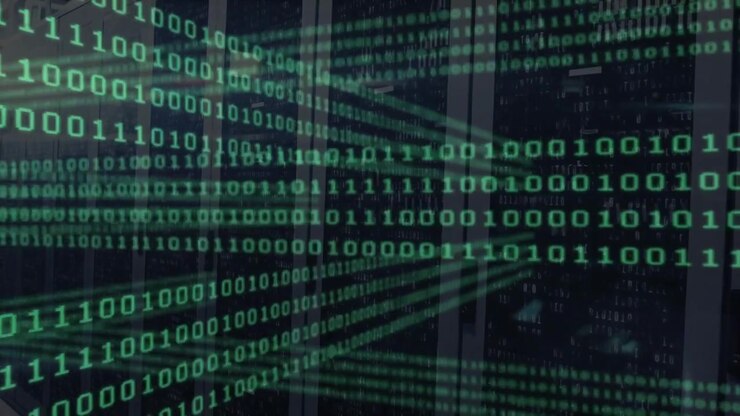 Binary code animation over servers in data center