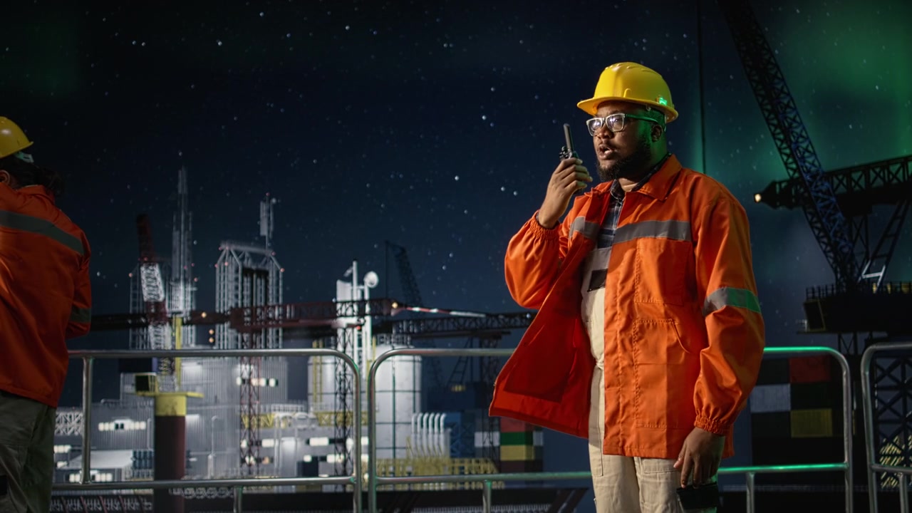 Radiooperatører på offshore-boreplatform koordinerer sikre forsyningsruter under oliekrise.