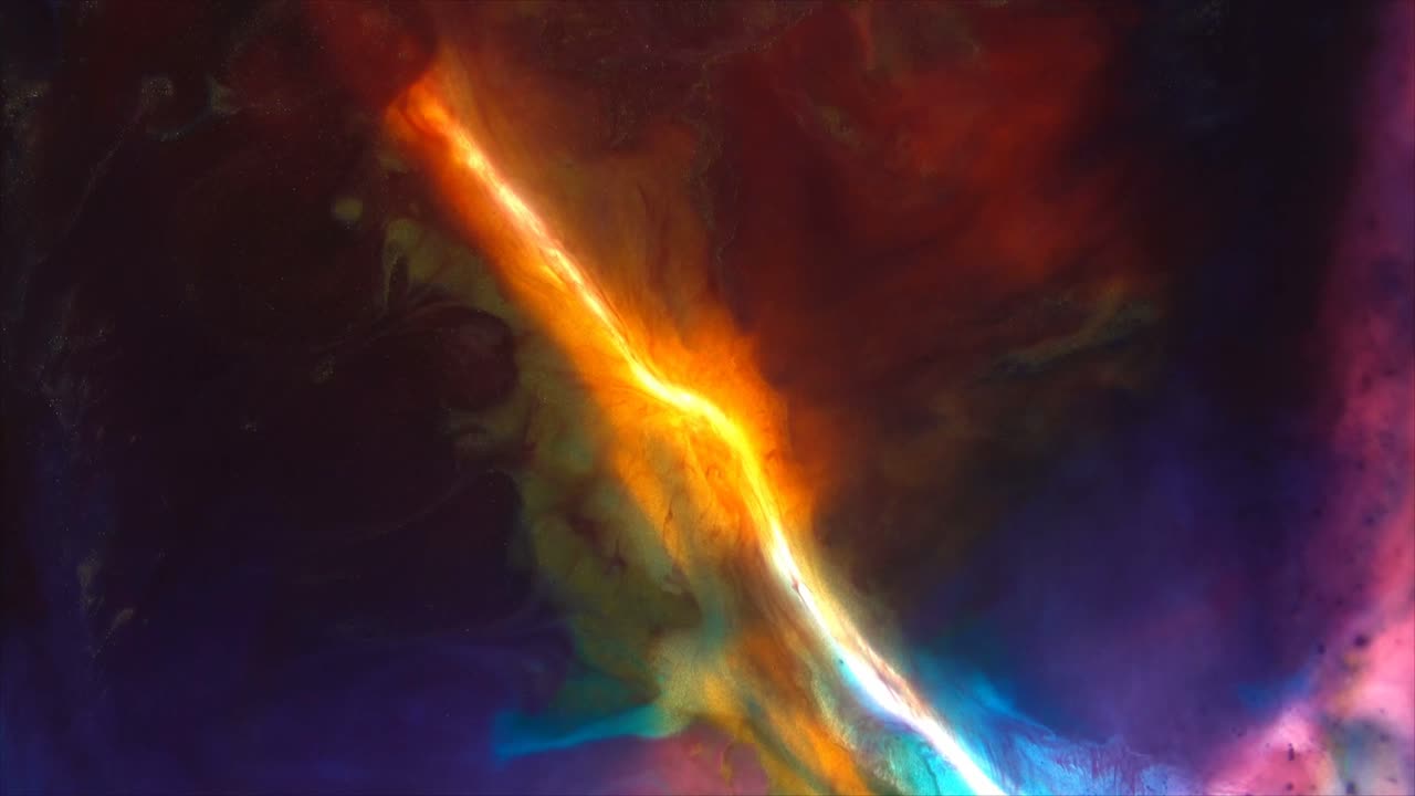 Liquido astratto vibrante che vortica con un fascio di luce incandescente