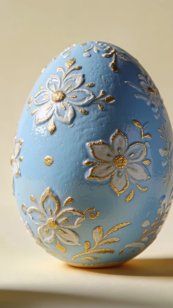 Vertical video: Slow rotation revealing painted egg floral panels on beige table showing gilt