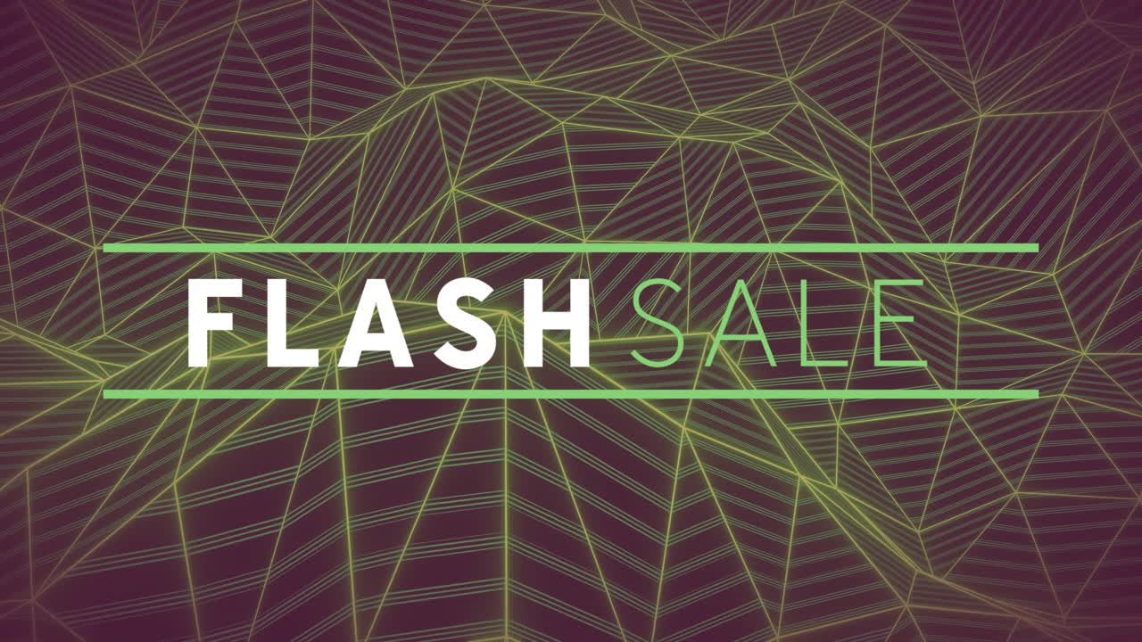 FLASH SALE text glowing on purple background, bar elements flashing with neon green wireframe mesh
