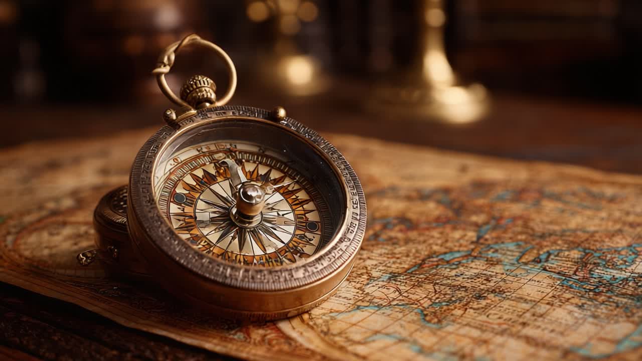 An Elegant Compass Displayed on an Antique Map, Highlighting Exploration and Navigation, Perfect for Adventure Enthusiasts and Collectors of Historical Artifacts