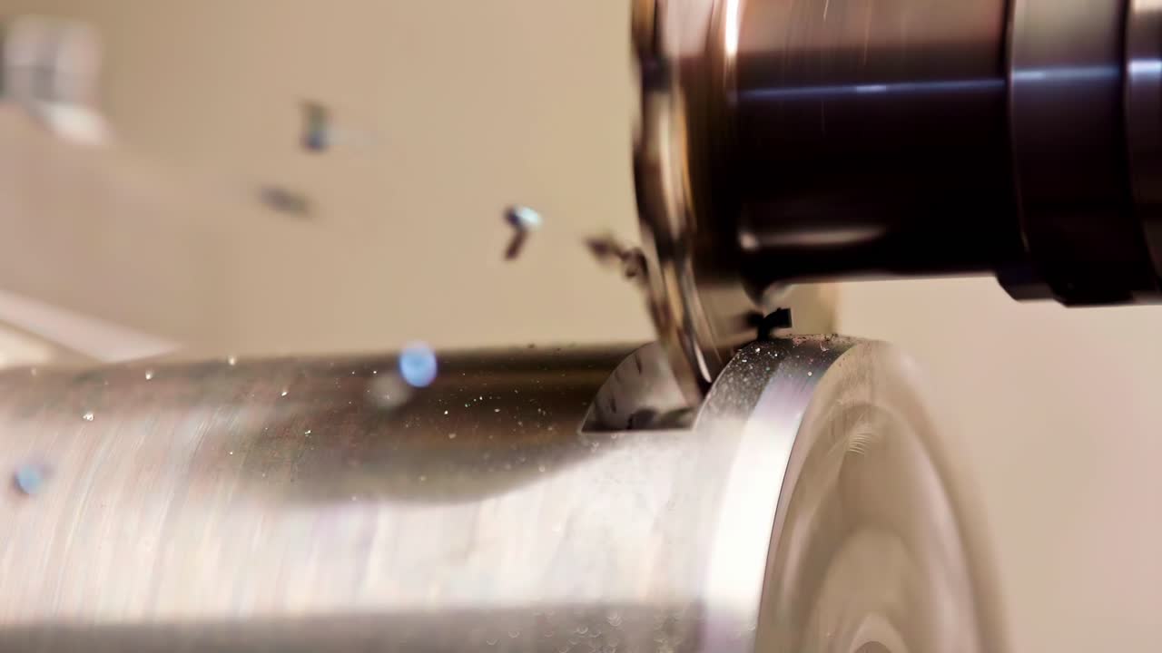 Precision metal cutting CNC machine up-close slow motion engineering process
