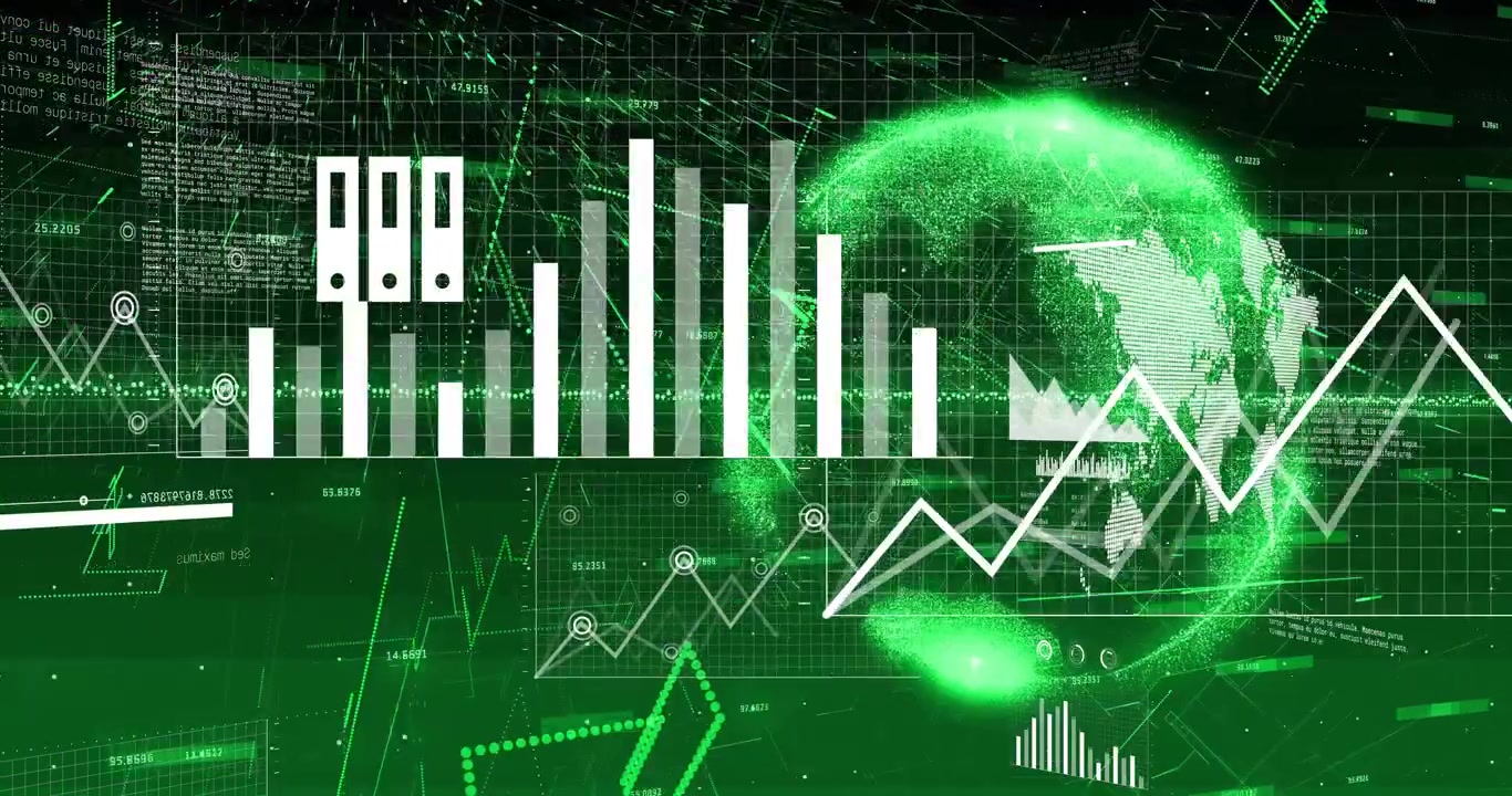 Cloud icon appearing, particle globe pulsing while charts and icons assembling, visualizing data