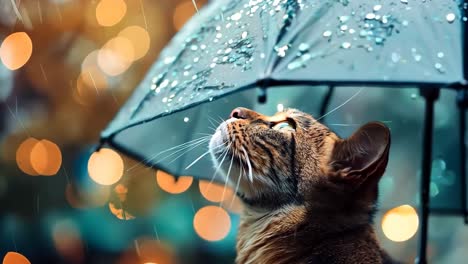 a cat looking up at the sky while holding an umbrella