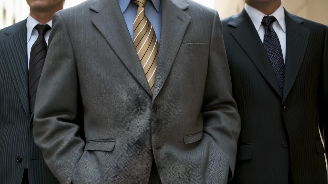 Professional business team standing confidently in corporate meeting space, showcasing unified leadership and collaborative corporate environment with executive group in formal attire