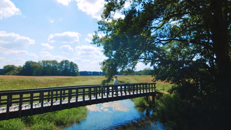 slow motion clip of a girl walking on a little bridge in the area of assen, netherlands