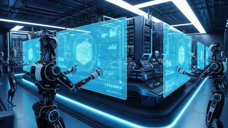 futuristic control room with advanced robots interacting with holographic displays, showcasing cutting-edge technology and data visualization in a high-tech environment