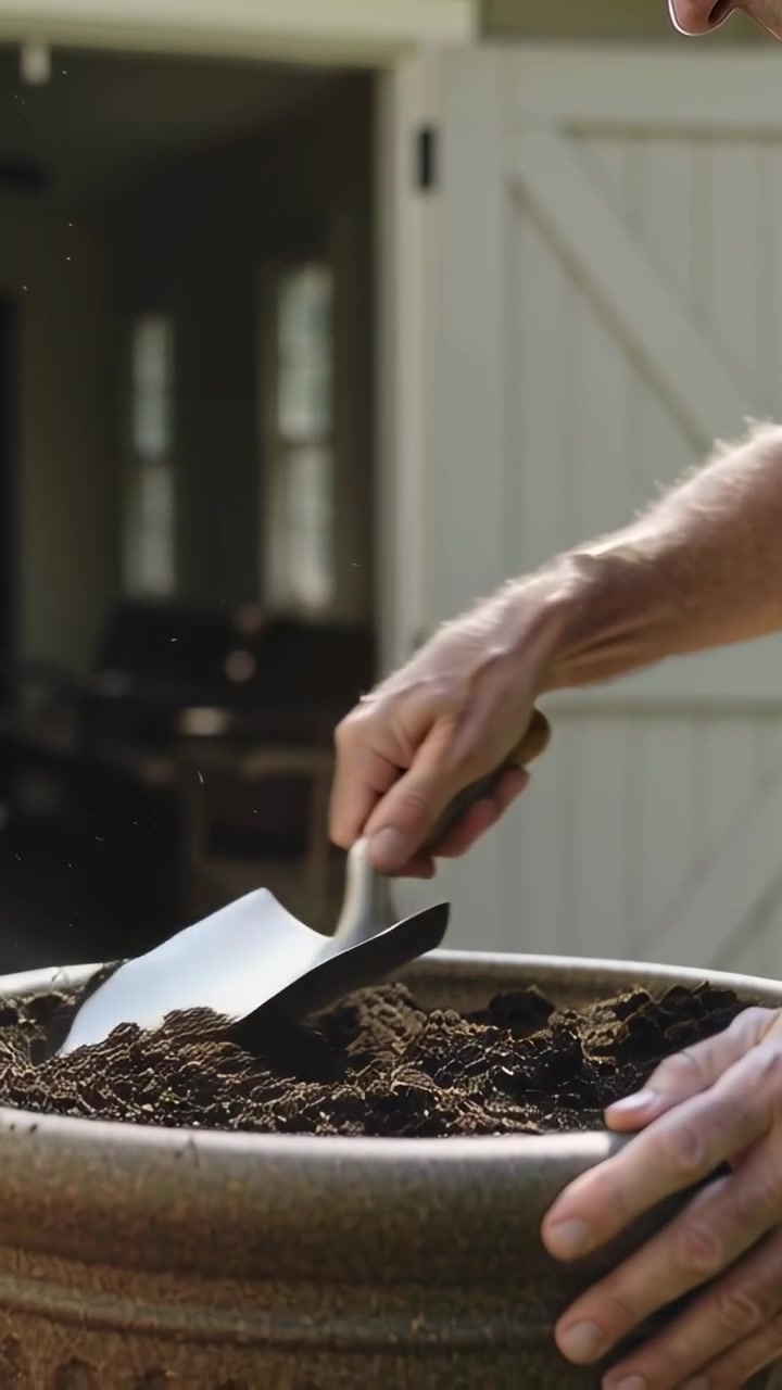 Vertical video: Placing trowel, man in bucket hat leveling soil in planter by barn door, copy space