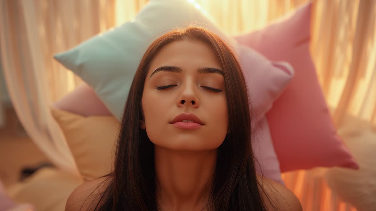Leaning adult woman closing eyes and breathing on pastel pillows in bedroom, seeking calm