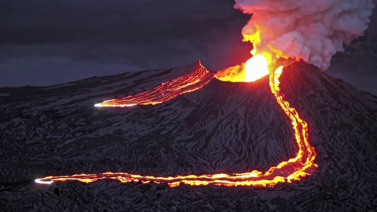 Vista aerea di un vulcano in eruzione con colate laviche incandescenti di notte, catturata in un drammatico