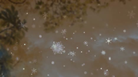Animation-of-snow-flakes-falling-over-trees-on-brown-background