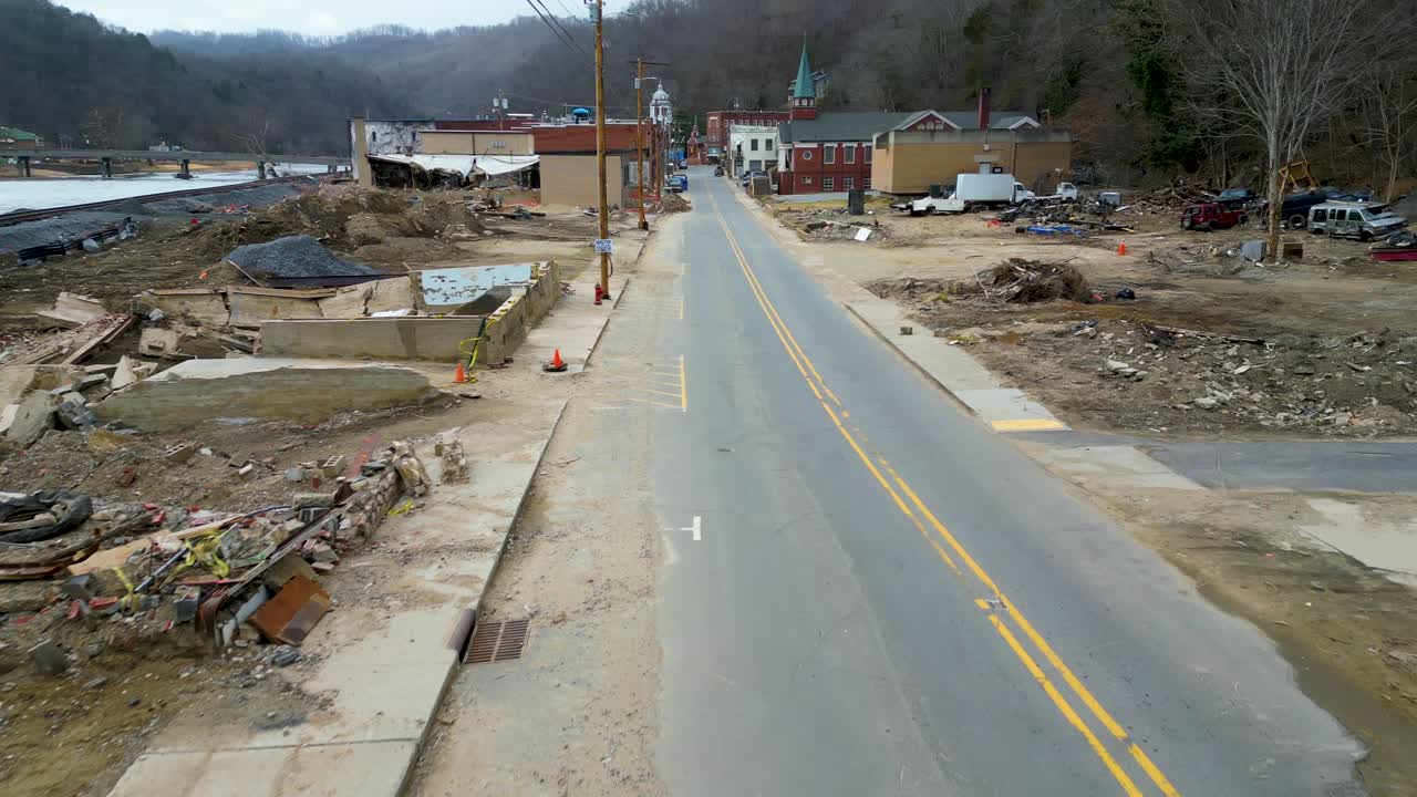 4K Aerial Drone Video of Damaged Buildings in Historic Downtown Marshall, NC Caused by Hurricane Helene (2024)