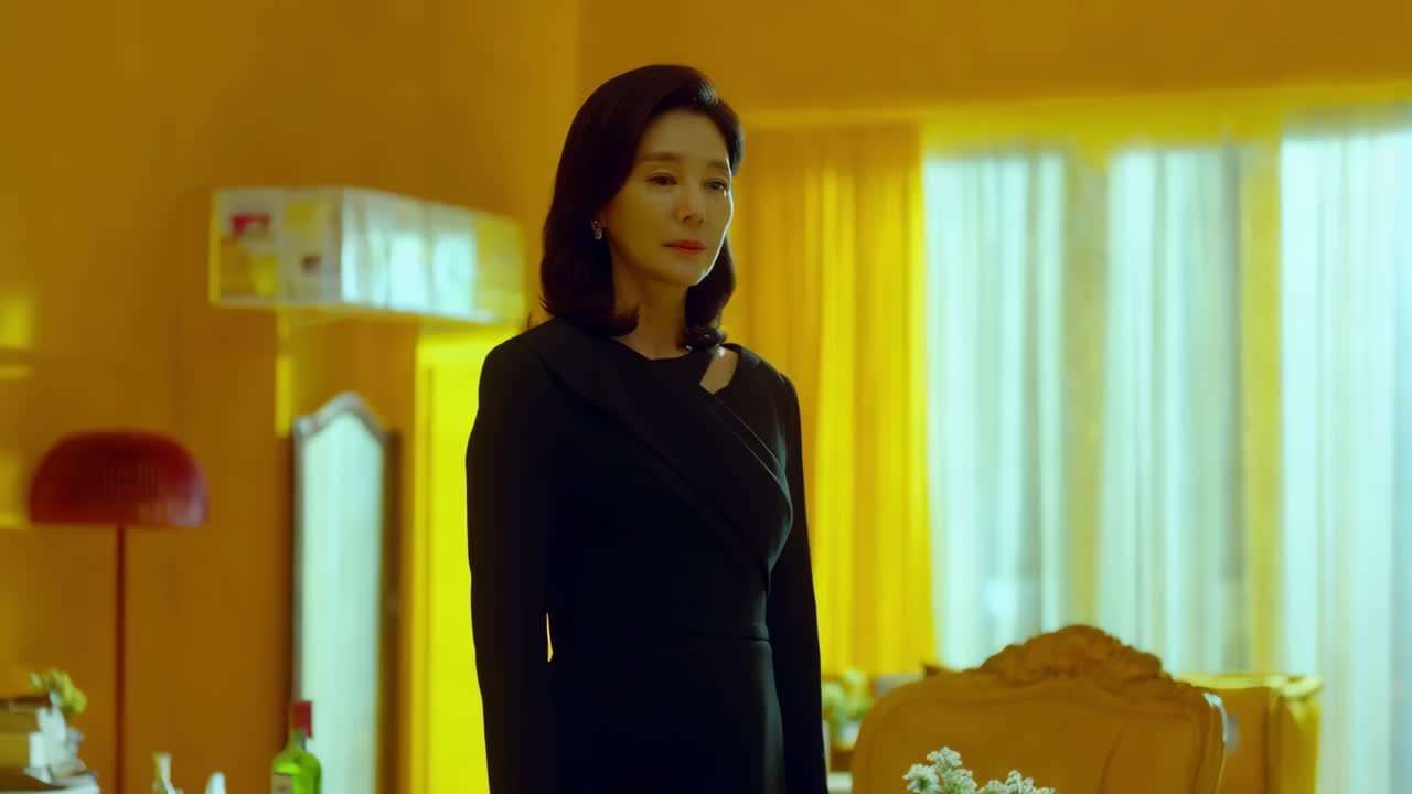 노란색 방에 있는 우아한 여자