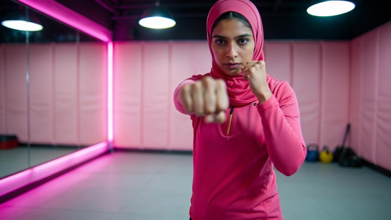 Jovem mulher de hijab praticando socos de boxe na academia