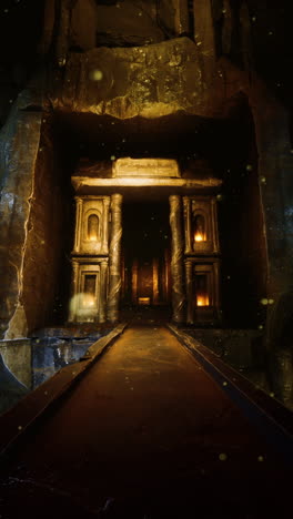 a mysterious and ancient temple entrance in a dark cave